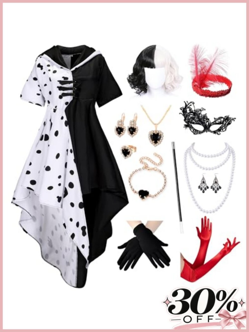 Dalmatian Costume Dress Set with Wig Gloves Mask Cosplay Halloween Party